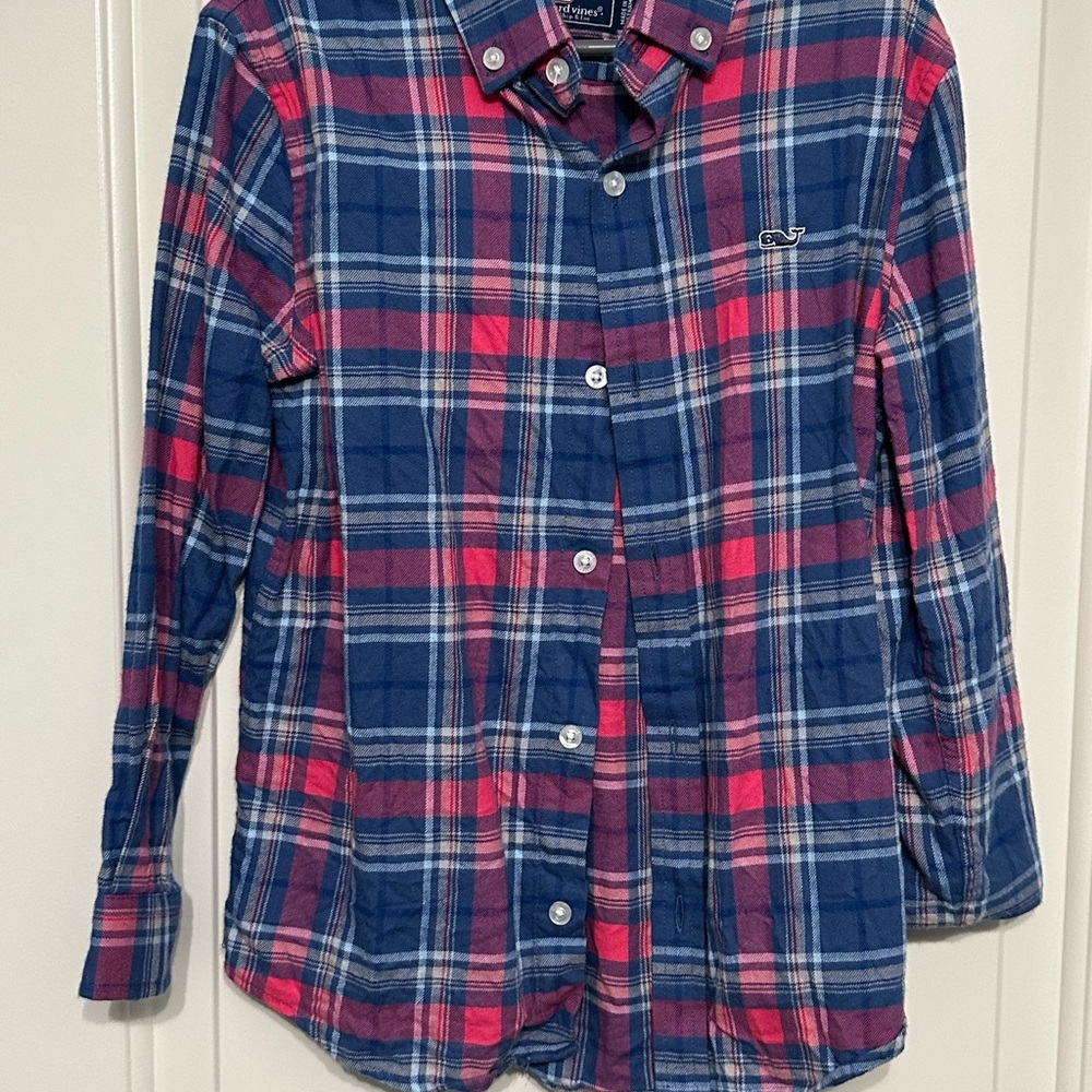 Vineyard Vines Boys 6 Flannel Button-Down Shirt Navy Pink Plaid VGUC